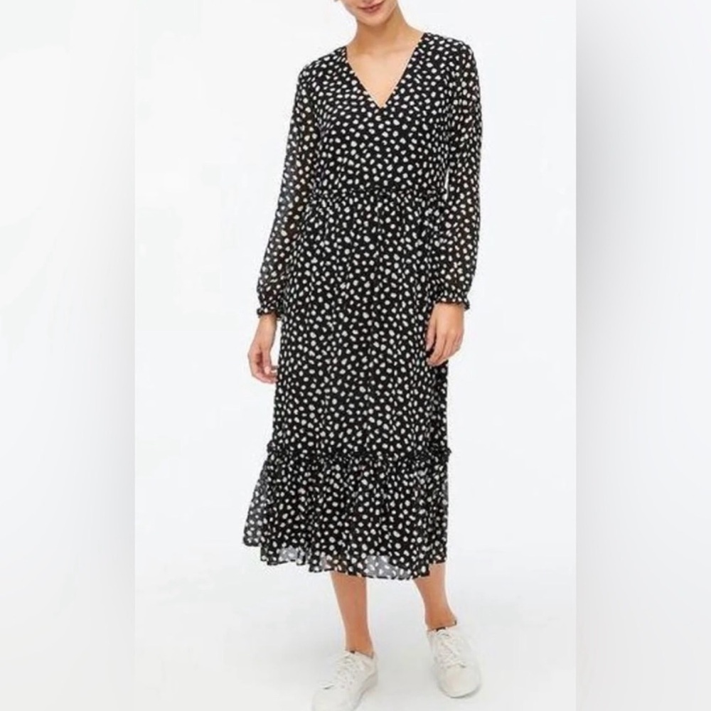 J.Crew Black White Print Midi Dress Ruffle Hem Small